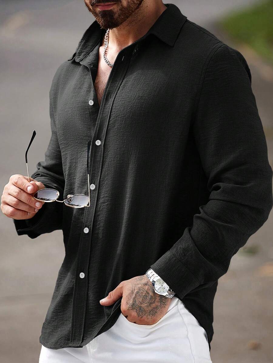 Manfinity CasualCool 男士休闲亚麻黑色长袖衬衫，秋季款 - 黑色 - 查看 1