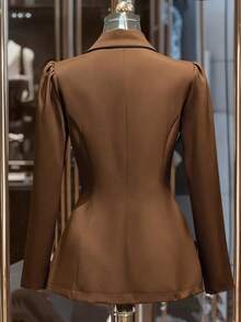 Franclia 通勤时尚百搭束腰双排扣金属纽扣撞色饰边卡其色女式西装外套，优雅春秋季外套，商务休闲装，漂亮女士西装外套 - 咖啡棕 - 查看 2