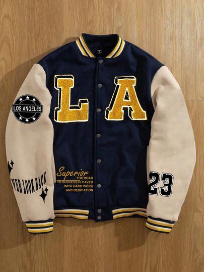 Manfinity Campus Court 男士撞色字母图案休闲保暖棒球长袖夹克，复古棒球夹克，秋冬款