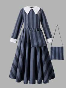 Halloween, . Stylish Dress, Tween Girl Dress Suitable For Party Costume Play, Fashion Casual Varsity Badge Long Dress Suitable For Autumn/Winter Outings, Commuting, Can Be Paired With Jacket