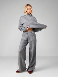 MISSGUIDED Roll Neck Knitted Long Sleeve Jumper Wide Leg Trousers Co Ord Set Winter Loungewear - Grey - View 4