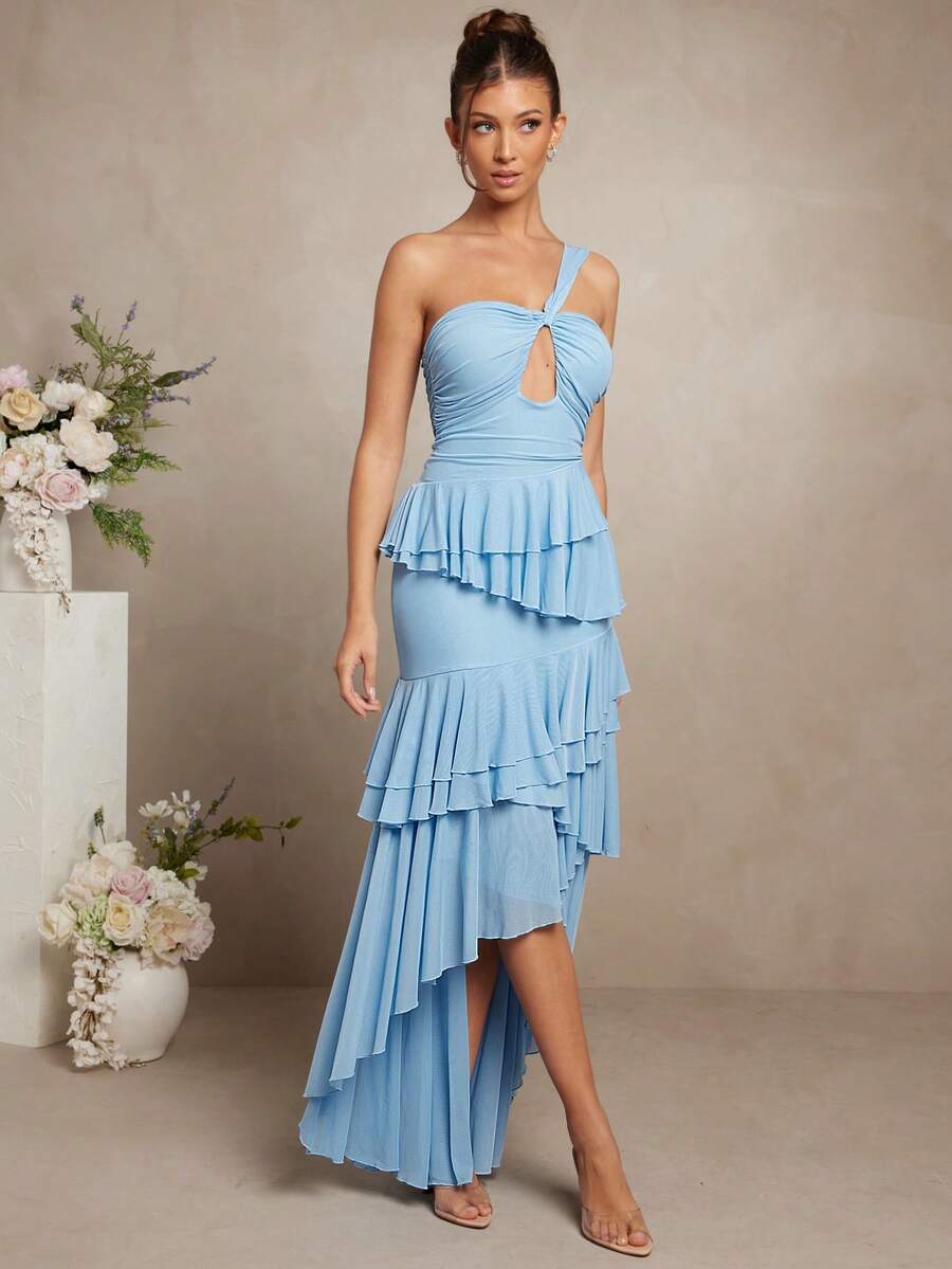 L'Amorae Váy Maxi Một Vai Xếp Ly Lưới Bất Đối Xứng - Màu xanh nhạt - Xem 1
