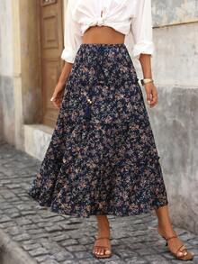 Brillora Falda casual versátil de múltiples capas con estampado floral diminuto para mujeres, apta para otoño/invierno, Año Nuevo, vacaciones, estilo bohemio. Falda larga azul marino con estampado de plantas y detalle de volante y abertura para mujeres - Azul Marino - Ver 2