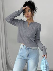 SHEIN LUNE 女式 V 领长袖扭纹休闲短款毛衣，秋冬 - 灰色 - 查看 4