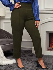 EMERY ROSE Plus Size High Waist Seam Detail Cropped Pants,Daily Wear,Going Out Winter,Elegant  For Party - Green - View 1