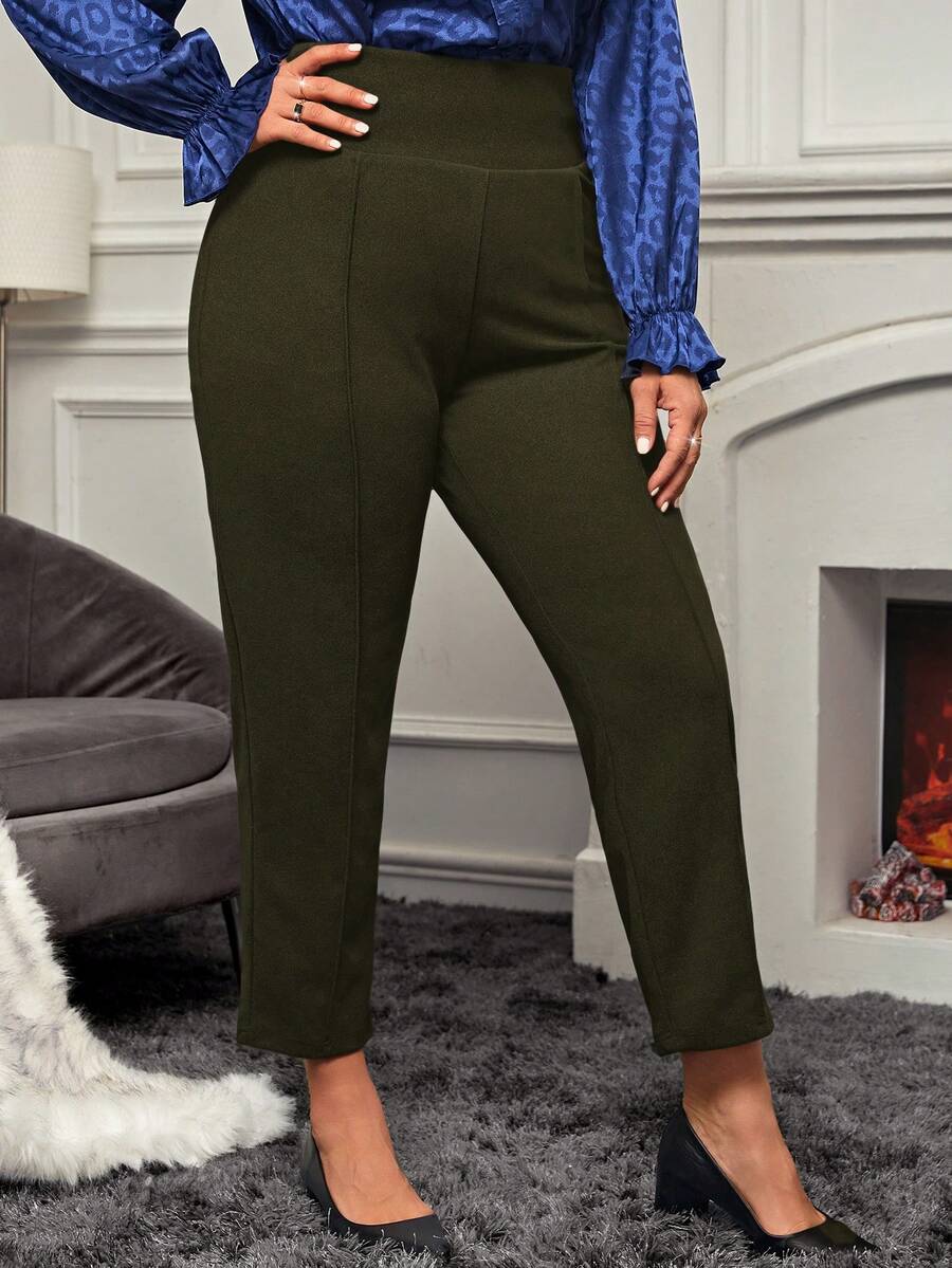 EMERY ROSE Plus Size High Waist Seam Detail Cropped Pants,Daily Wear,Going Out Winter,Elegant  For Party - Green - View 1