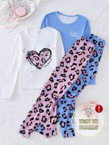 Bộ đồ ngủ 4 món tay dài họa tiết trái tim và da báo cho bé gái kèm quần legging bó sát - Nhiều màu - Xem 7