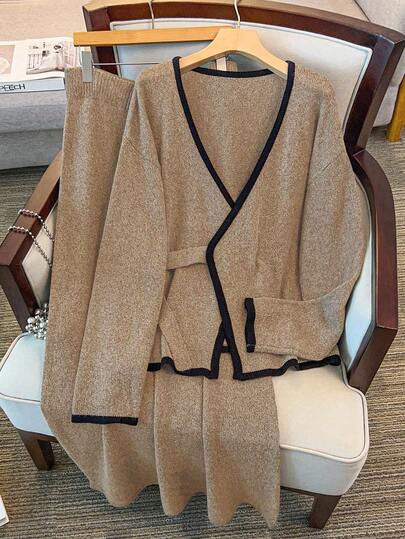 GlowEve CURVE 大码女式针织长袖开衫和裤子休闲套装，秋冬