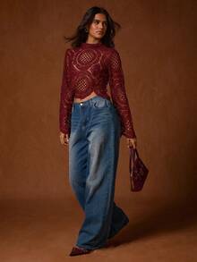 Glamine Women's Solid Color Stand Collar Knit Hollow Out Long Sleeve Cropped Sheer Shirt With Embroidered Trim - Rose Red - View 3