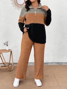 EMERY ROSE Plus Size Collared Zipper Decor Soft Knit Long Sleeve Ribbed Colorblock T-Shirt & Soft Ribbed Pants Casual 2-Piece Outfit - Multicolor - View 4