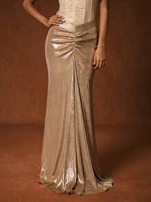 SHEIN Glamour 褶饰鱼尾裙，适合夜店、约会、派对、公主聚会、郊游 - 香檳色 - 查看 6