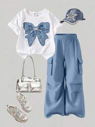 2pcs/Set Tween Girls Summer Casual T-Shirt Set, Bow Embroidery Design Round Neck Short Sleeve T-Shirt And Cargo Pants, Outfit For Spring/Summer Summer Holiday