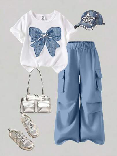 2 peças/Conjunto Camiseta Casual de Verão para Pré-Adolescentes, Camiseta de Manga Curta com Decote Redondo e Bordado de Laço, Calça Cargo, Conjunto para Primavera/Verão