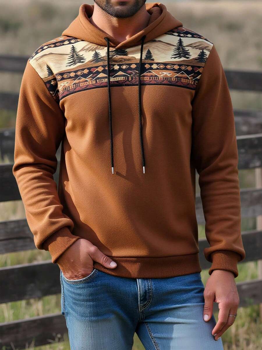 Manfinity Nomadique Men Western Mountain Print Patchwork Hoodie, Fall