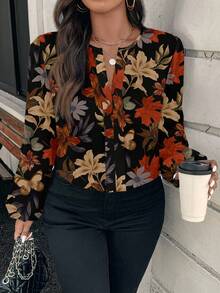EMERY ROSE Plus Size Maple Leaf Print Shirt, Suitable For  Party Thanksgiving,Flower/Spring/Summer/Vacation - Multicolor - View 1