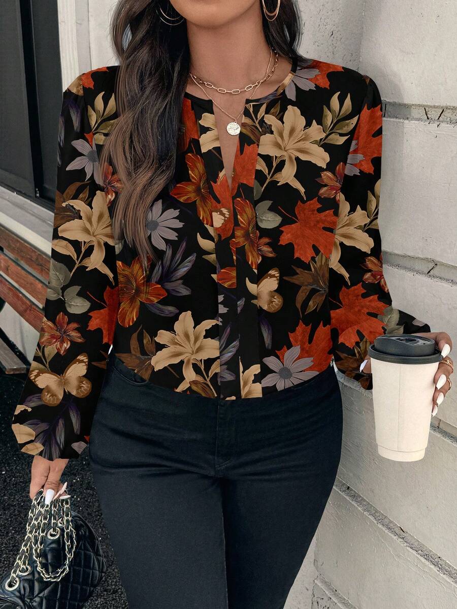 EMERY ROSE Plus Size Maple Leaf Print Shirt, Suitable For Party Thanksgiving,Flower/Spring/Summer/Vacation - Multicolor - View 1