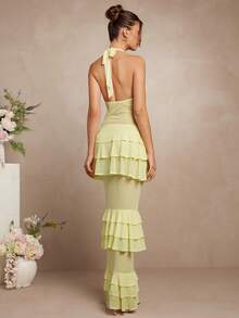 L'Amorae 优雅的奶油黄色透视细节网眼荷叶边层叠长裙 - 淡黃色 - 查看 2