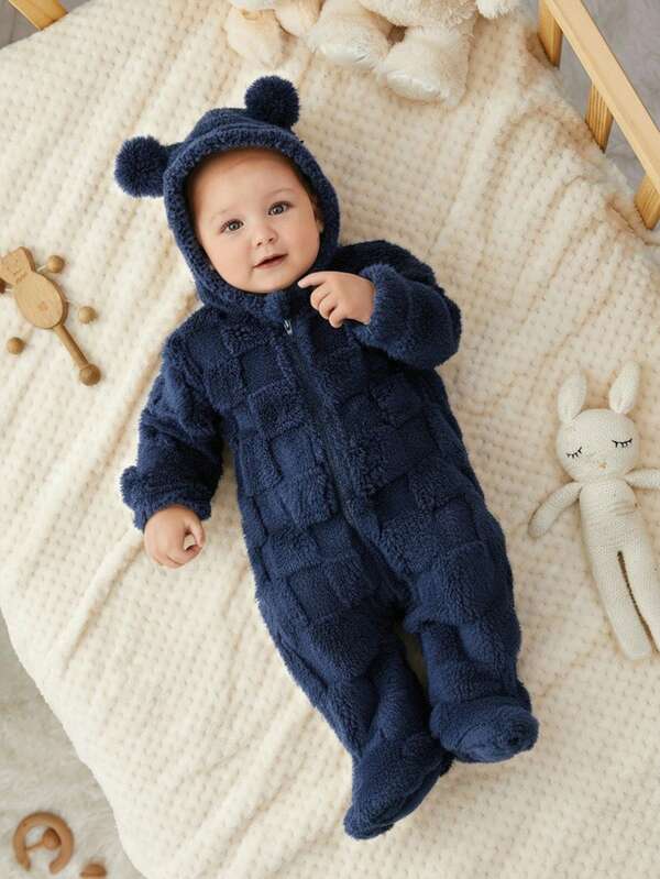 SHEIN Tutina con cappuccio e piedini in morbido pile con motivo carino per neonati maschi/femmine, adatta per autunno/inverno dentro e fuori casa