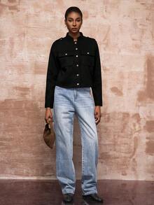 Vesra Chaqueta corta casual de mujer con cuello alto, mangas largas y bolsillos reales