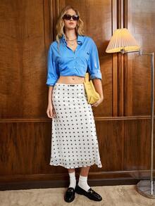 SHEIN X Scot Louie Muvela Chân váy chấm bi đính sequin dáng lửng cạp thấp dành cho nữ, phong cách thanh lịch cổ điển phù hợp với môi trường công sở thành thị. - Đen và trắng - Xem 5