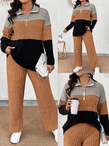 EMERY ROSE Plus Size Collared Zipper Decor Soft Knit Long Sleeve Ribbed Colorblock T-Shirt & Soft Ribbed Pants Casual 2-Piece Outfit - Multicolor - View 6
