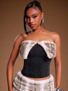 Denimoi 仿皮草饰边露肩牛仔抹胸上衣，秋冬上衣，仿皮草上衣，牛仔上衣 - 黑色 - 查看 3