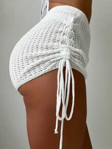 Swim Vcay Summer Beach Drawstring Side Cover Up Shorts - White - View 3