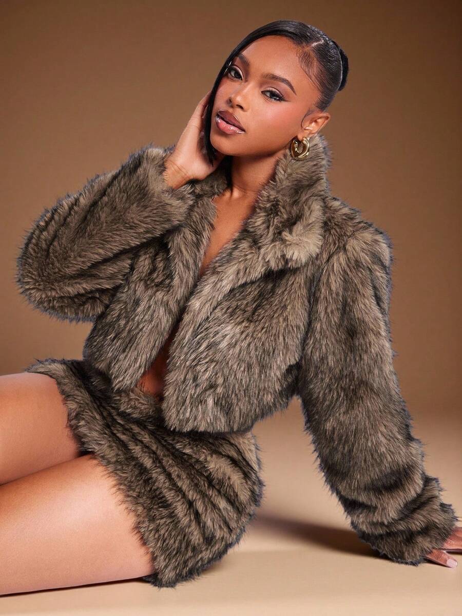 Denimoi 女式人造毛领短款性感夹克 - 棕色 - 查看 1