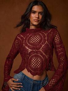 Glamine Women's Solid Color Stand Collar Knit Hollow Out Long Sleeve Cropped Sheer Shirt With Embroidered Trim - Rose Red - View 5