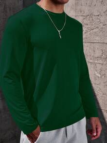 Manfinity Homme Men's Solid Color Crew Neck Casual Long Sleeve T-Shirt Men Sweater Top Men Turtleneck Shirts Summer Turtle Neck Men Men Full Sleeve Tshirt Mock Neck Men - Dark Green - View 6