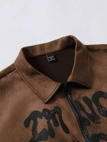 Manfinity Roghcode Fashionable Short Letter Print Casual Long Sleeve Jacket For Men, Earthy Brown Zip Up Jacket - Camel - View 7