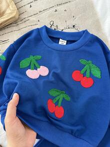 SHEIN 2pcs/Set Baby Girl Navy Blue Sweatshirt Set With 3D Cherry Decor,Wide Leg Pants,Blue And Orange,Autumn,Cute Modest,Back-To-School Long Sleeve Outfits - Blue - View 4