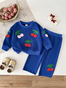 SHEIN 2pcs/Set Baby Girl Navy Blue Sweatshirt Set With 3D Cherry Decor,Wide Leg Pants,Blue And Orange,Autumn,Cute Modest,Back-To-School Long Sleeve Outfits - Blue - View 6