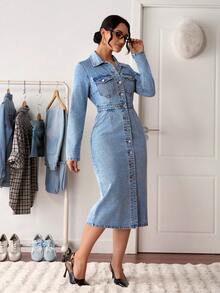 SHEIN Tall Women's Casual Washed Front Button Long Sleeve Denim Dress, Autumn - Blue - View 5