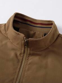 Manfinity Homme Chaqueta casual con cremallera de manga larga y unicolor para hombres de talla grande, chaqueta vintage casual marrón para hombres - Caqui - Ver 3