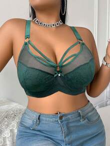 SHEIN Esselle 1pc Plus Size Lace Patchwork Underwire Bra - Green - View 4