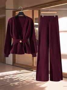 Qadelle Women's Solid Color V-Neck Long Sleeve Top And Pants Knitted 2 Pieces Set - Burgundy - View 7