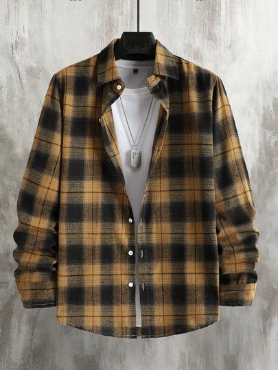 Manfinity Homme Camisa casual de manga larga con botones y estampado a cuadros para hombres, estilo grunge para uso diario, viajes de fin de semana, actividades al aire libre, expediciones de viaje, regalo para novio/esposo, regalo de aniversario, Navidad