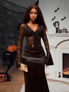 Lureya Chemise T-shirt asymétrique à manches longues évasées en dentelle sexy avec nœud, automne/hiver pour femmes