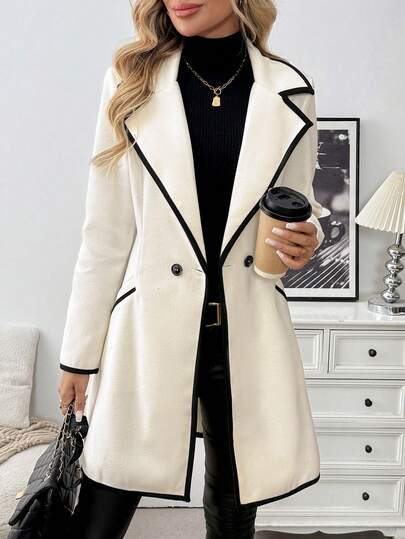 EMERY ROSE Abrigo largo elegante y casual de patchwork en blanco y negro para mujer