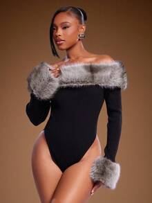 Denimoi Lässiger, langärmliger, taillierter Pullover-Bodysuit mit Pelzbesatz für Damen