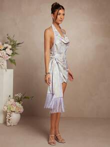 L'Amorae Halter Cowl Neck Marble Satin Print Fringe Wrapped Mini Dress - Multicolor - View 4
