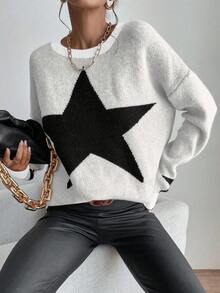 EMERY ROSE Casual Colorblock Star Pattern Drop Shoulder Sweater, Autumn/Winter Knit Pullover Fall