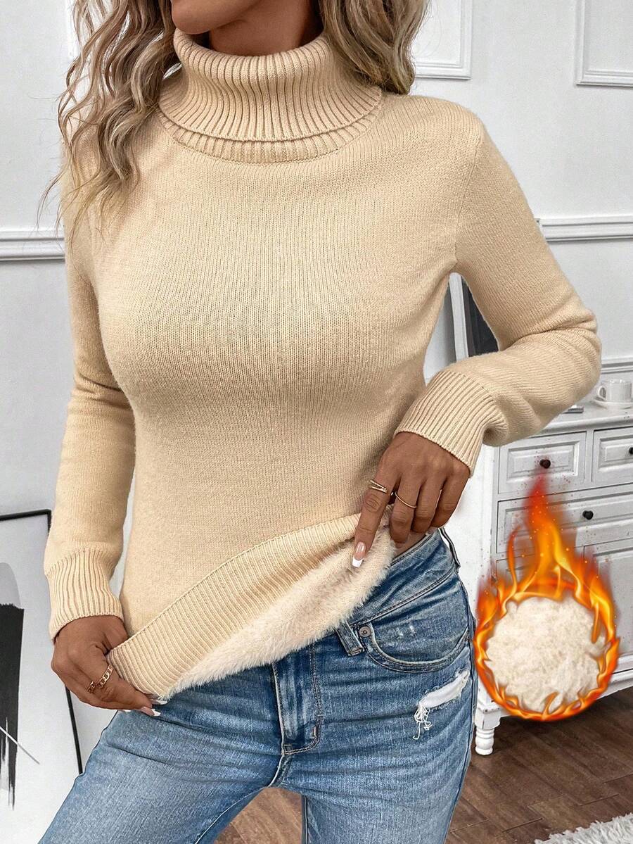 EMERY ROSE Women's Solid Color Turtleneck Long Sleeve Casual Sweater With Thermal Lining, Autumn/Winter - Khaki - View 1