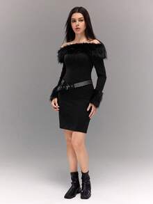 Sparklyn Teenager Mädchen Kuschelig Einschulter Patchwork Strick Figurbetontes Kleid für Herbst/Winter, zarte schulterfreie Gestaltung verleiht Vitalität, kuschelige & gestrickte Patchwork-Optik schafft mehrschichtige Textur, figurbetonter Schnitt schmeichelt der Silhouette, süß aber leicht, geeignet für verschiedene jugendliche Anlässe - Schwarz - Übersicht 4