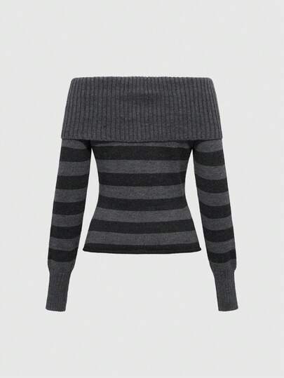 Goth Pull femme à rayures noires et grises, avec design de col et de manches évasées, style punk sombre et épaules dénudées