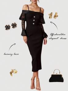 SHEIN MOD Satin Contrast Lace Sleeve Elegant Women Long Dress Midi Black Dress Corset Midi Dress Black Funeral Dress,Black Dress,Winter Dress,Christmas Dress,New Year Dress,Party Dress,Wedding Guest Dress,Graduation Dress,Elegant Dresses For Women,Prom Dresses,Luxury Evening Dresses For Women