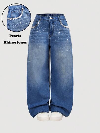 SHEIN MOD 大码中腰直筒蓝色牛仔裤