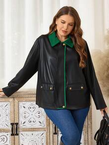 EMERY ROSE Chaqueta casual suelta de piel de imitación con bloque de color, cuello vuelto y manga larga para mujer talla grande en otoño