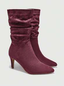 CUCCOO BIZCHIC 勃艮第尖头细高跟一脚蹬褶皱绒面中筒靴，舒适百搭的女士踝靴，适合日常通勤 - 酒紅色 - 查看 6